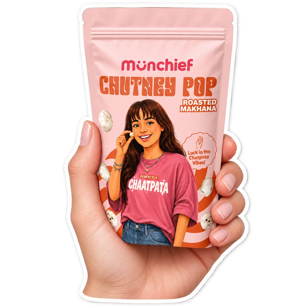A hand holding a Munchief Chutney Pop pouch