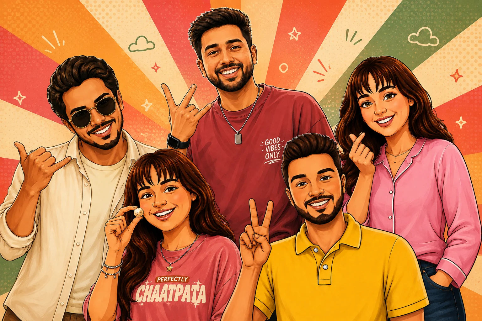 Five Munchief characters throwing peace signs
